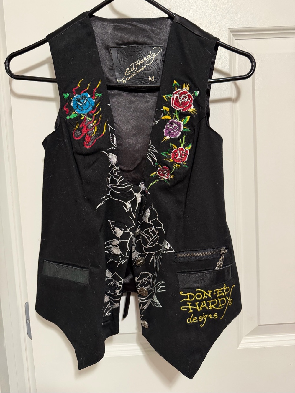Ed Hardy Black Vest with Multicolor Rose Embroidery